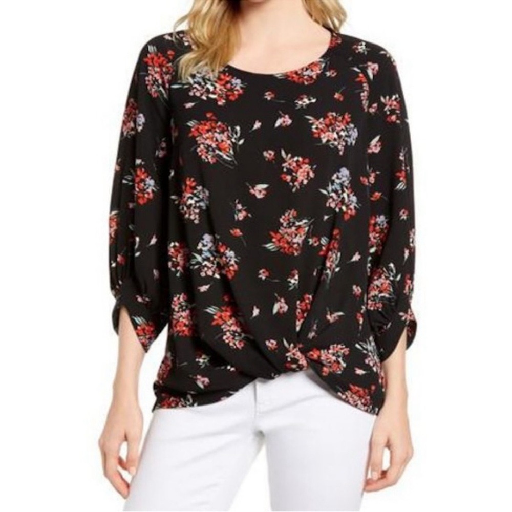 Gibson Nordstrom 3/4 Puff Sleeve Twist Bottom Black Floral Top Size L EUC